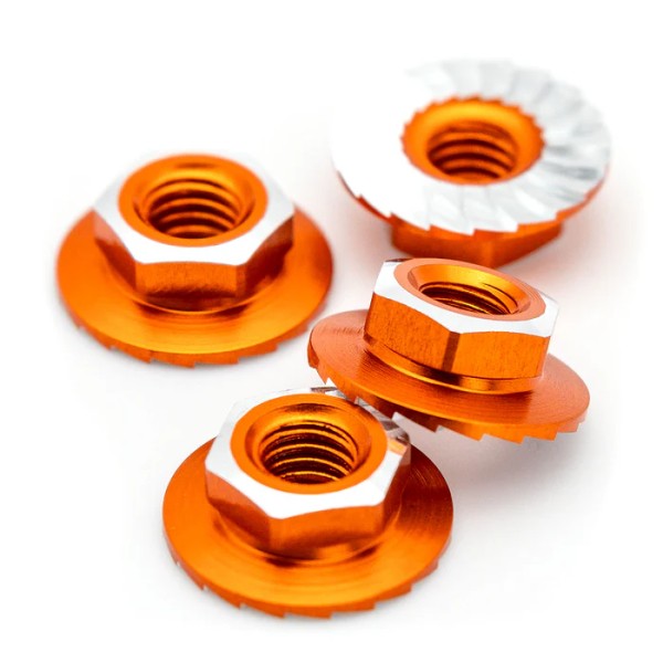 1Up Racing - Lockdown 7075 aluminium M4 flanged and serrated wheel nuts - Orange (4)