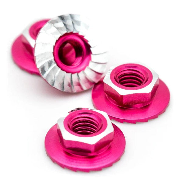 1Up Racing - Lockdown 7075 aluminium M4 flanged and serrated wheel nuts - Hot Pink (4)