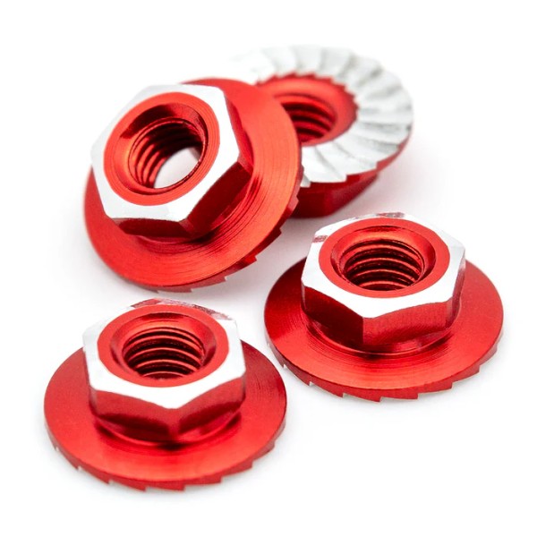 1Up Racing - Lockdown 7075 aluminium M4 flanged and serrated wheel nuts - Red (4)