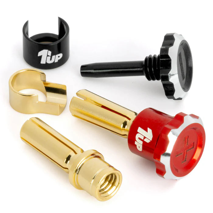 1Up Lockdown adjustable bullet plugs - 4mm - red/black (pr)