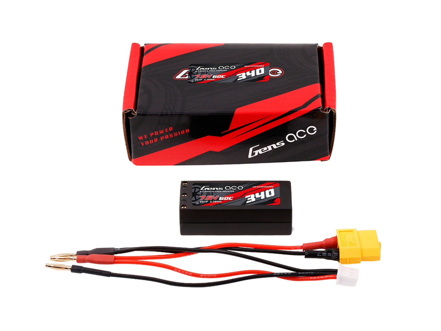 Gens Ace Li-Po HV Car Hard Case 2S 7.6V 340mAh 60C with 2MM - O-GC2H0340-60G2