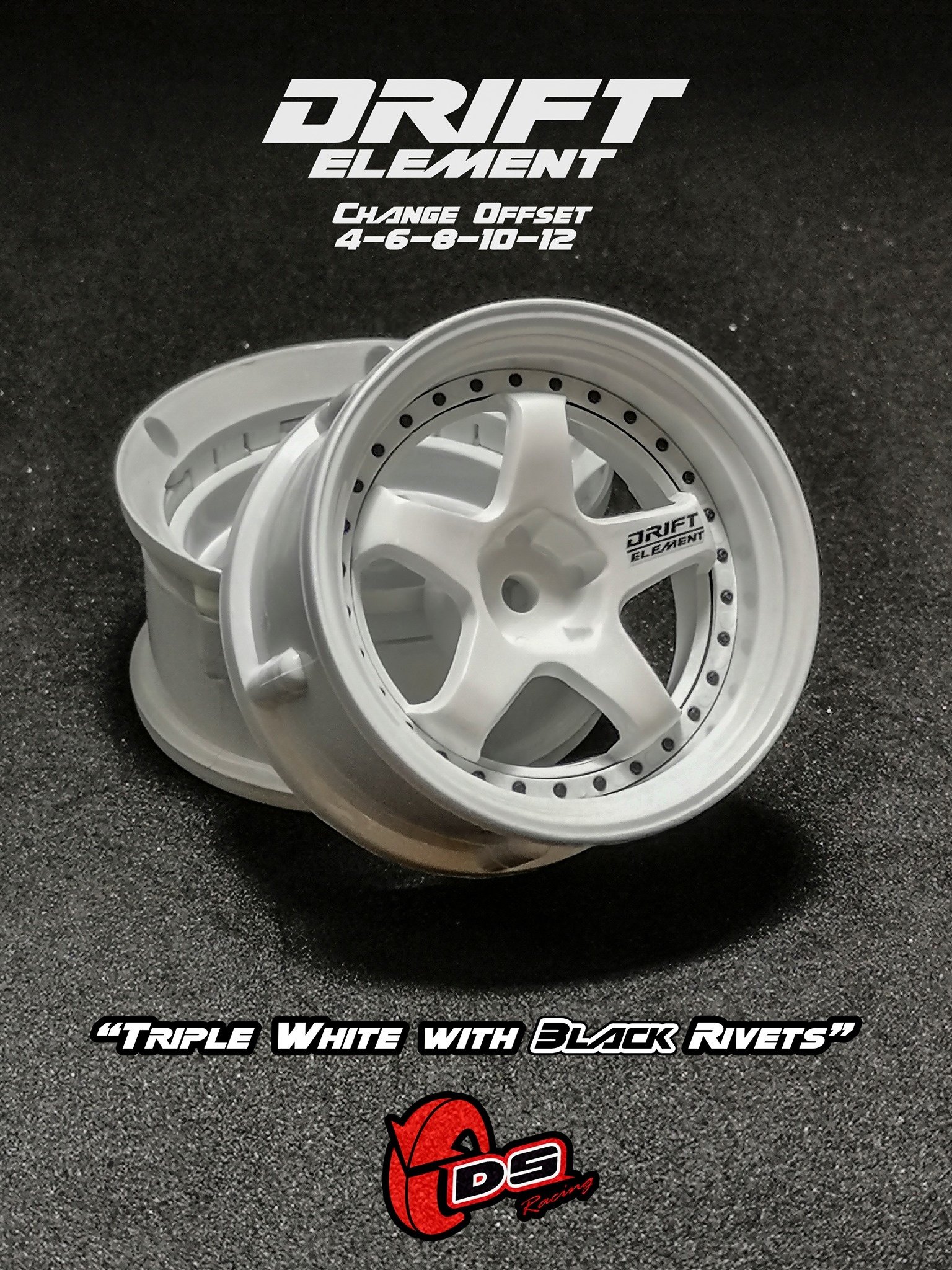 DS Racing Drift Element 5 Spoke (Triple White w/Black Rivets) (2) DE-002