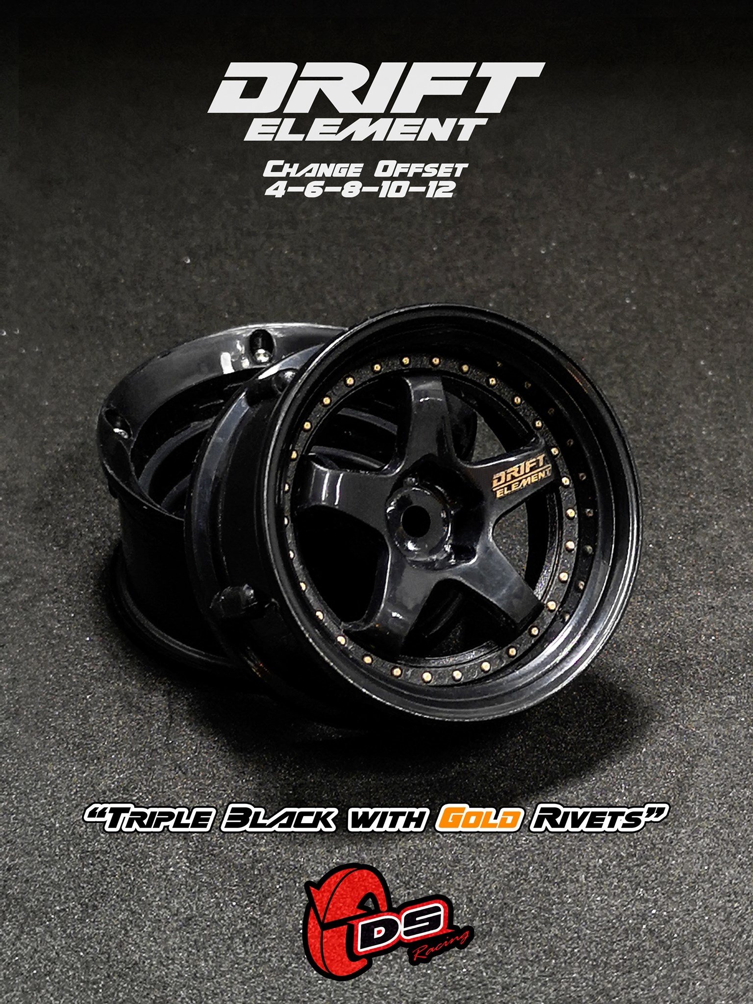 DS Racing Drift Element 5 Spoke (Triple Black w/Gold Rivets) (2) DE-007