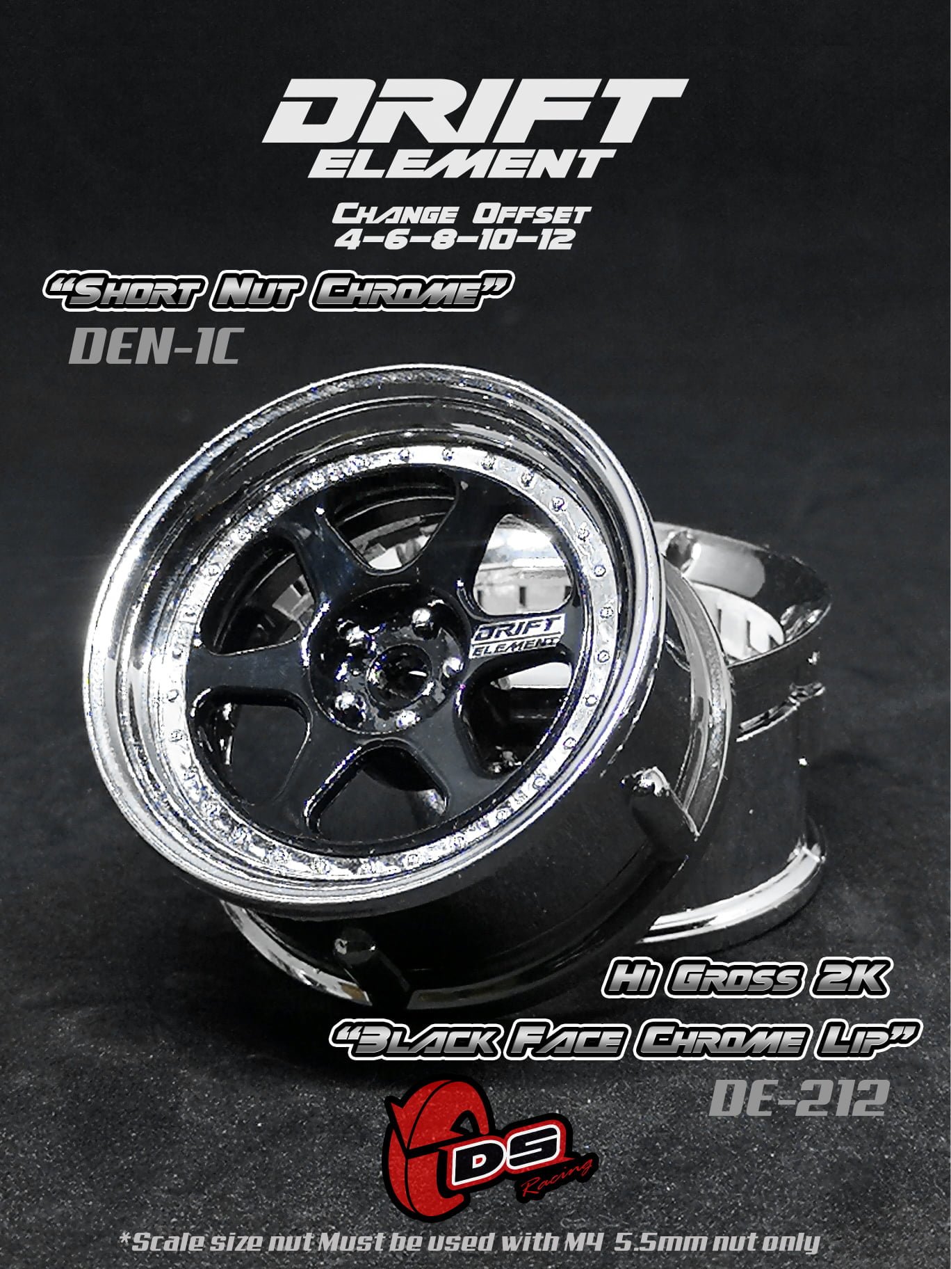 DS Racing Drift Element II 6 Spoke Rim 2 pcs Hi Gross 2K Black Face Chrome Lip – DE-212