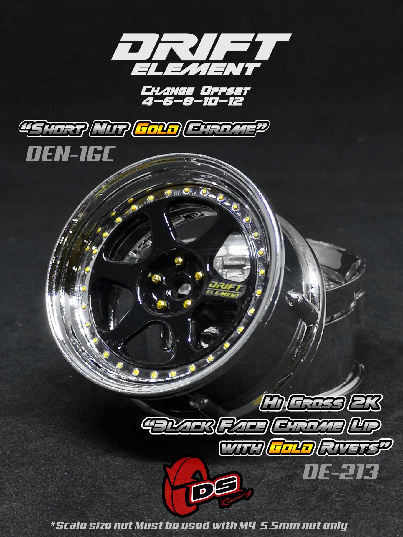 DS Racing Drift Element II 6 Spoke Rim 2 pcs Hi Gross 2K Black Face Chrome Lip with Gold Rivets – DE213