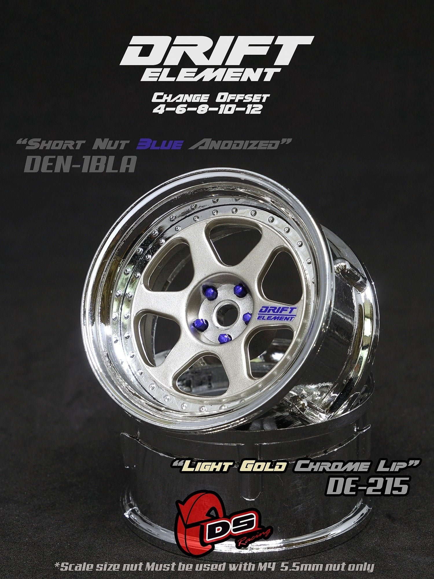 DS Racing Drift Element II 6 Spoke Rim 2 pcs Light Gold Chrome Lip – DE-215