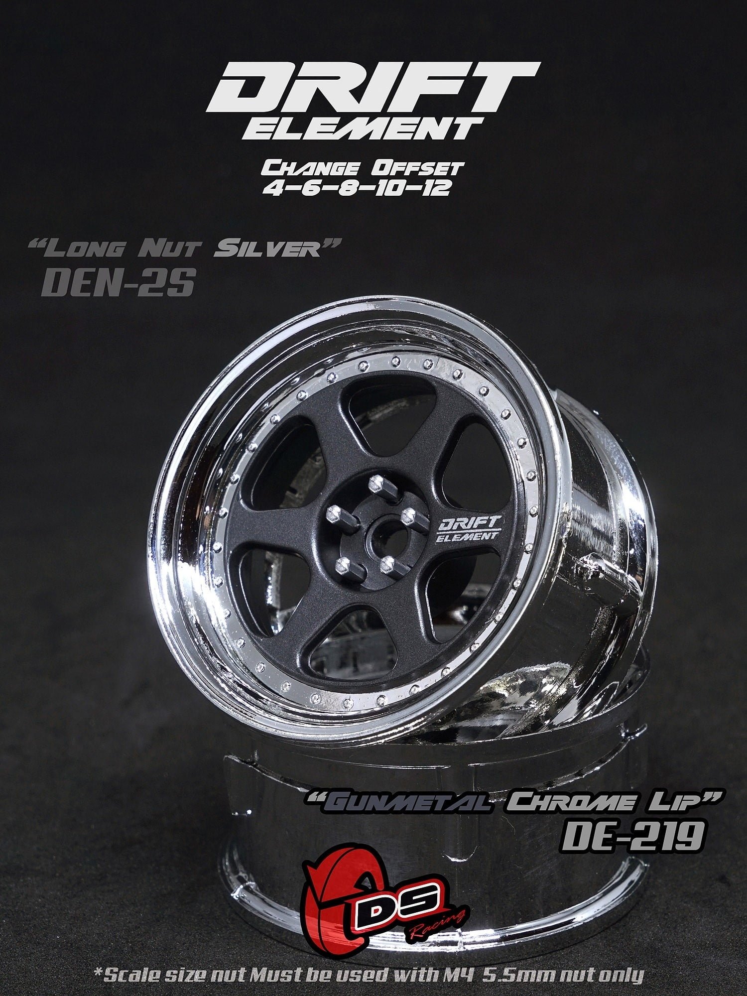 DS Racing Drift Element II 6 Spoke Rim 2 pcs Gunmetal Chrome Lip – DE-219