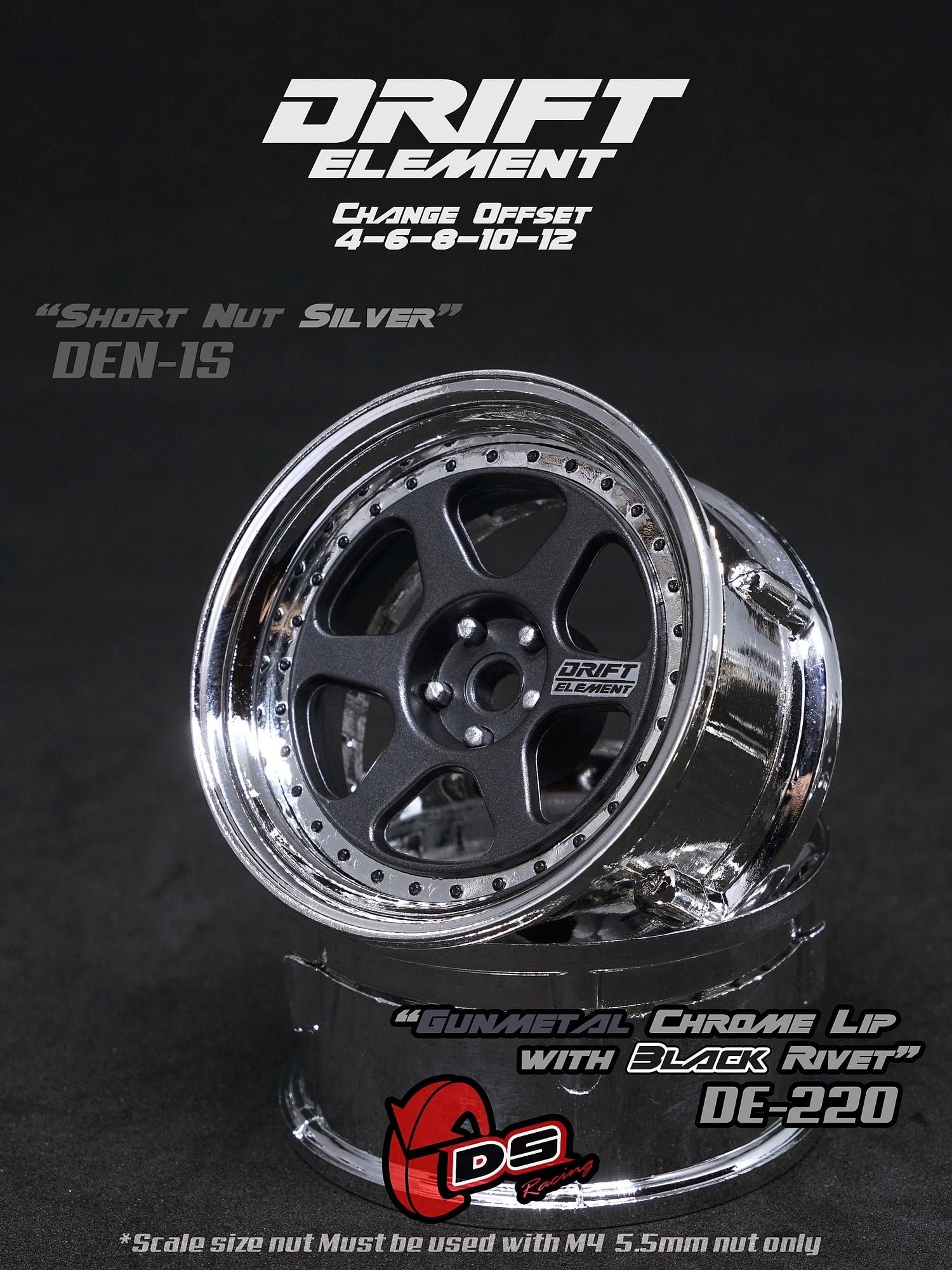 DS Racing Drift Element II 6 Spoke Rim 2 pcs Gunmetal Chrome Lip with Black Rivets – DE-220