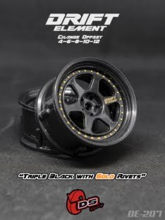 DS Racing Drift Element 6 Spoke (Triple Black w/Gold Rivets) (2)  DE-207